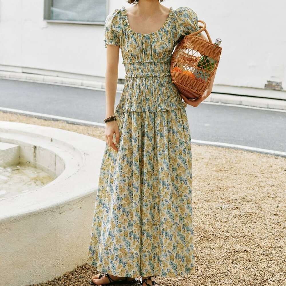 DÔEN Leanne shirred floral-print cotton-voile midi dress